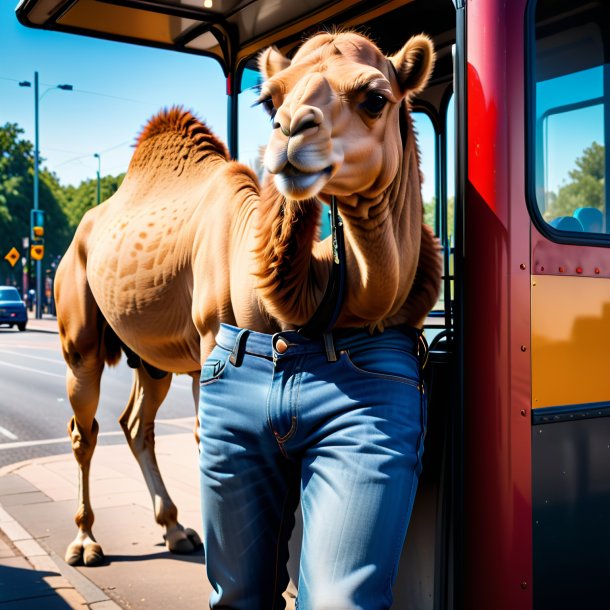 Foto de un camello en jeans en la parada de autobús