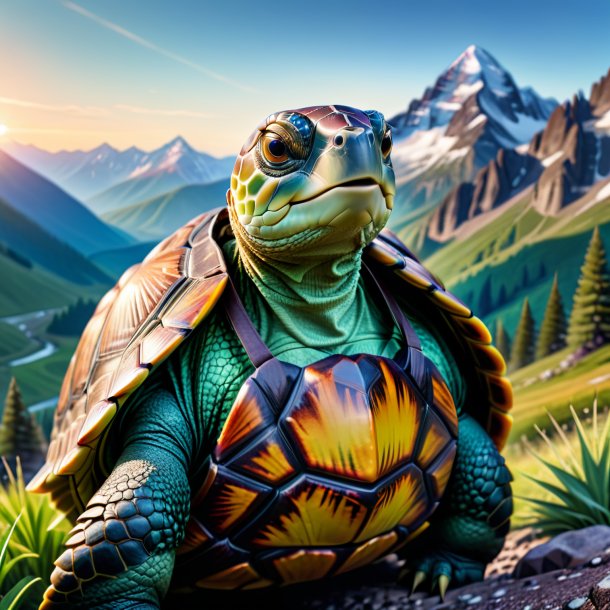 Picture of a turtle in a vest in the mountains