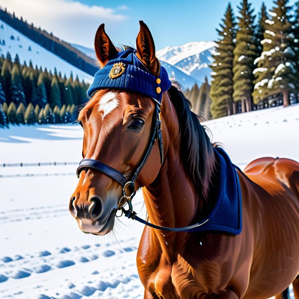 Foto de um cavalo em um boné na neve