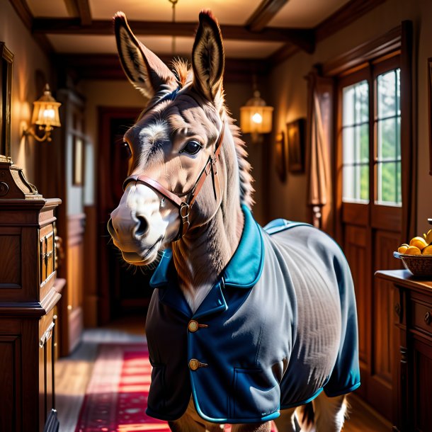 Image of a donkey in a coat in the house