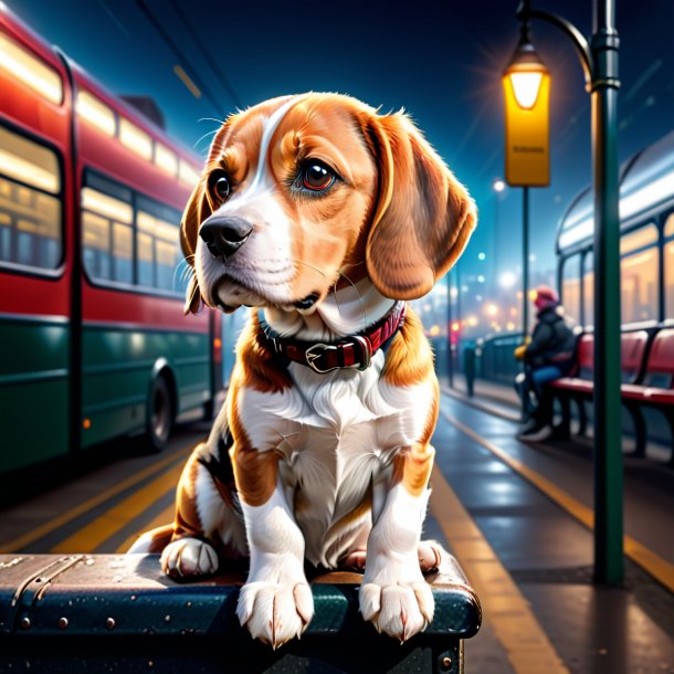 Picture of a beagle in a gloves on the bus stop