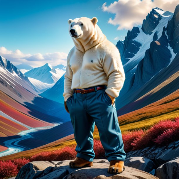 Picture of a polar bear in a trousers in the mountains
