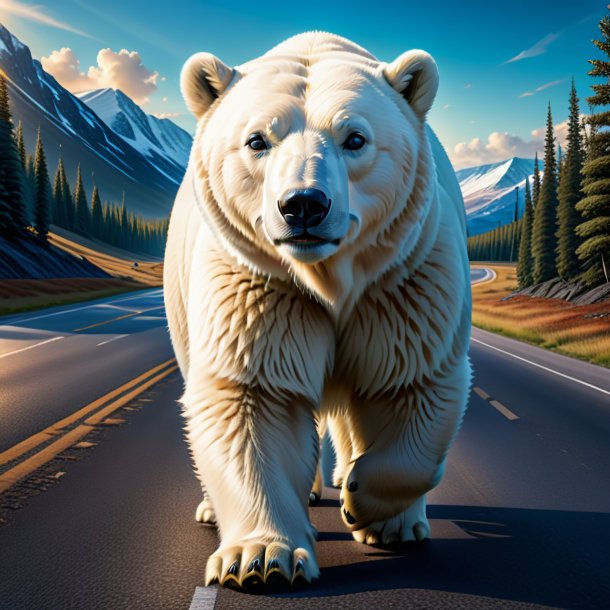 Illustration of a polar bear in a jeans on the road