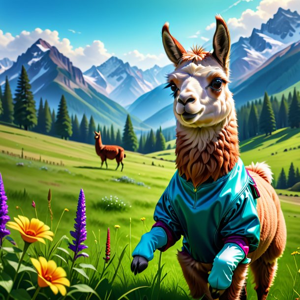 Drawing of a llama in a gloves in the meadow