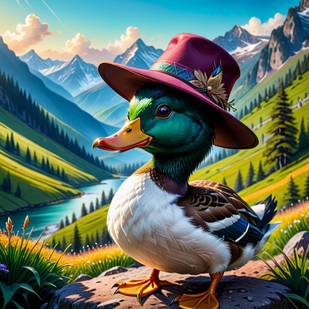 Drawing of a duck in a hat in the mountains