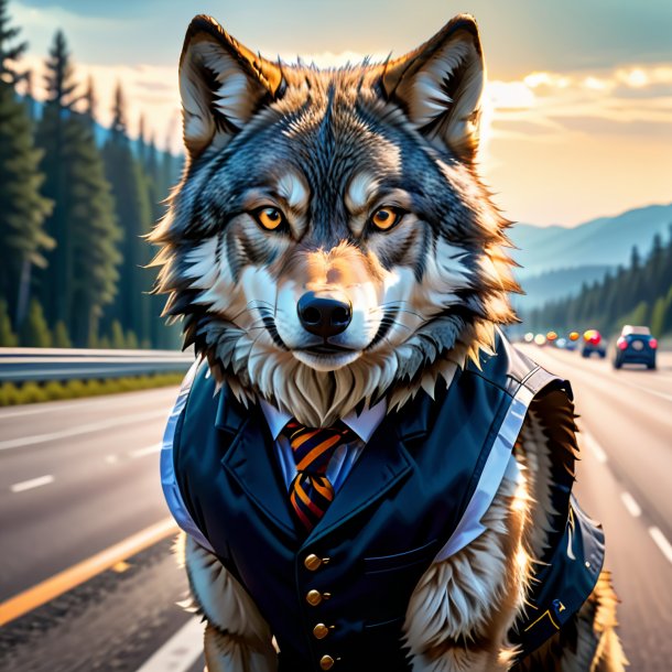 Picture of a wolf in a vest on the highway