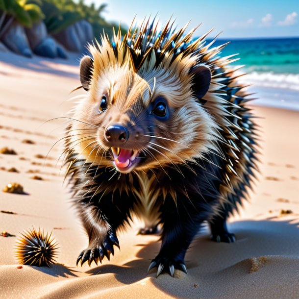 Image of a playing of a porcupine on the beach