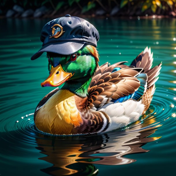 Drawing of a duck in a cap in the water