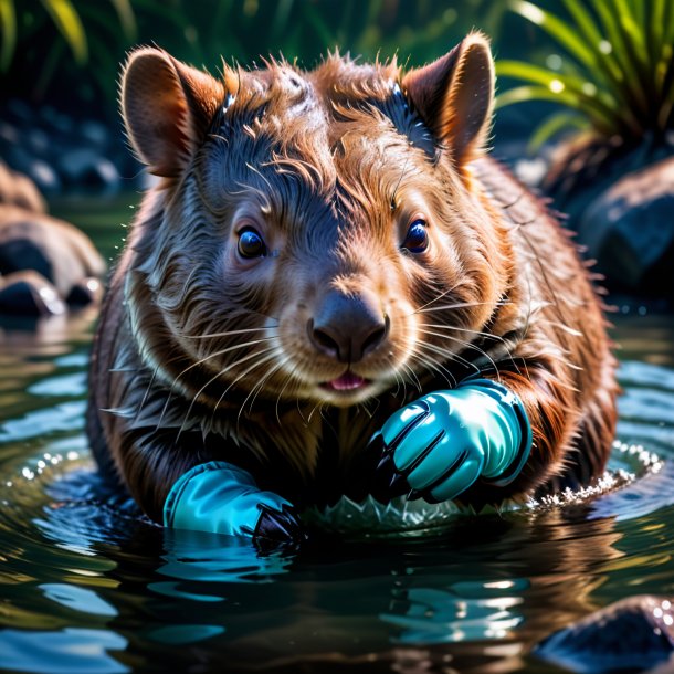 Photo of a wombat in a gloves in the water