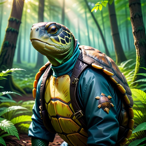 Pic of a turtle in a jacket in the forest