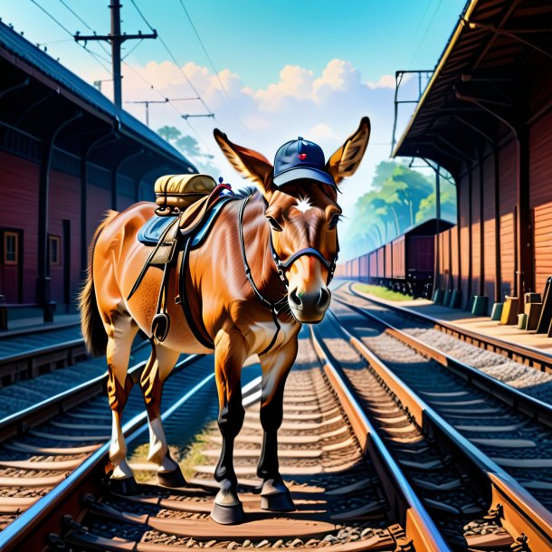 Drawing of a mule in a cap on the railway tracks