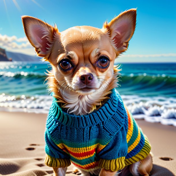Pic of a chihuahua in a sweater in the sea