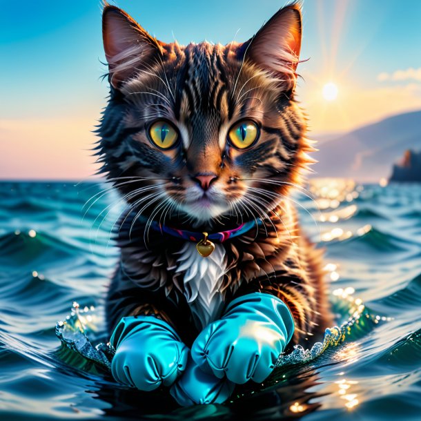 Photo of a cat in a gloves in the sea