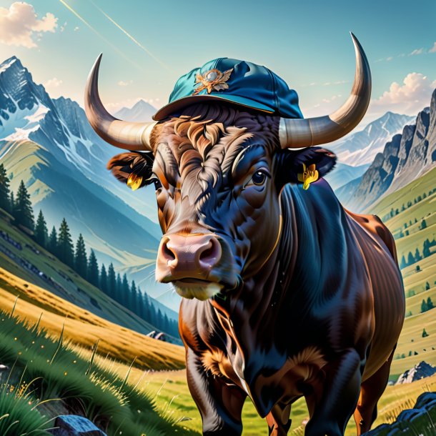 Drawing of a bull in a cap in the mountains