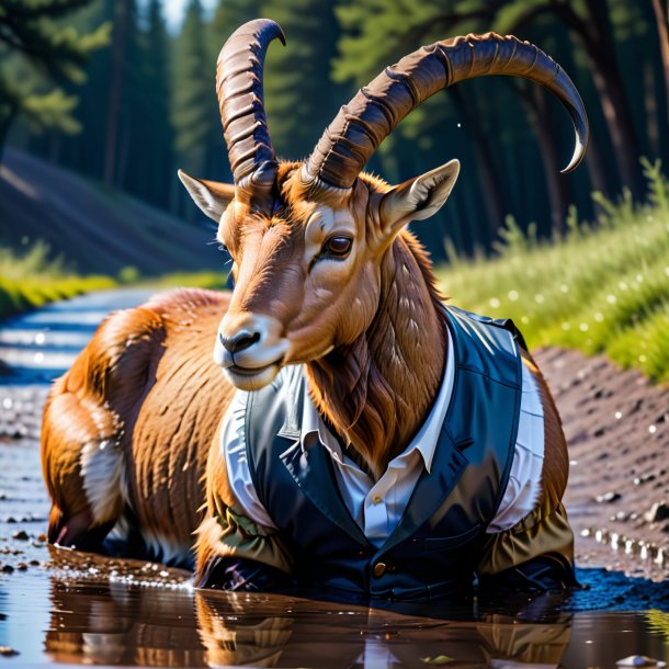 Image of a ibex in a vest in the puddle