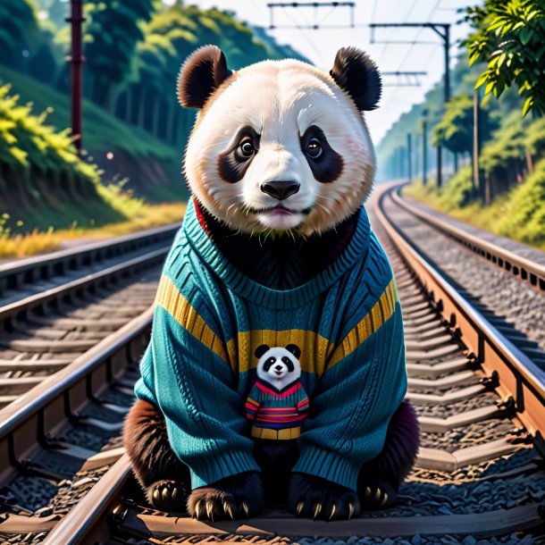 Imagen de un panda gigante en un suéter en las vías del ferrocarril