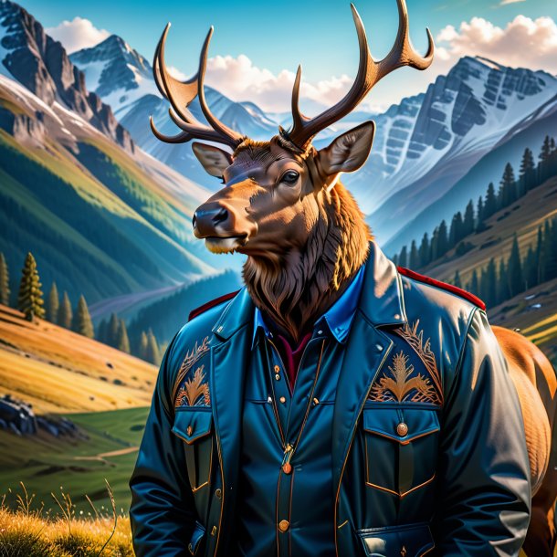 Photo of a elk in a jacket in the mountains