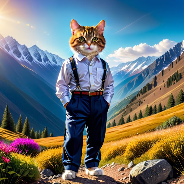 Imagem de um gato em uma calça nas montanhas