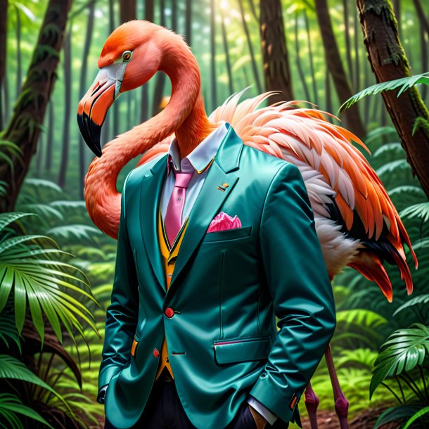 De um flamingo em uma jaqueta na floresta