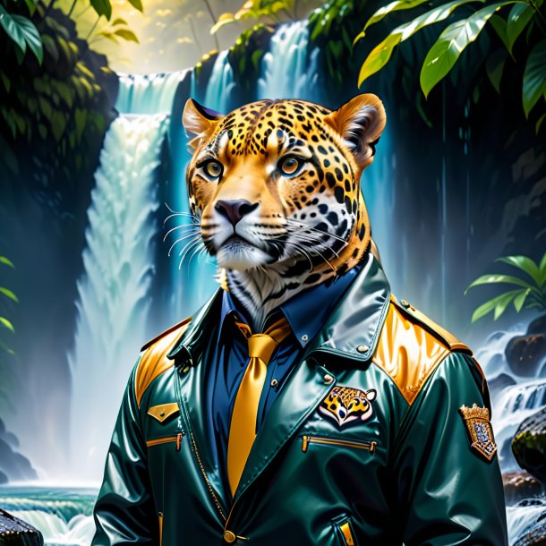 Picture of a jaguar in a jacket in the waterfall