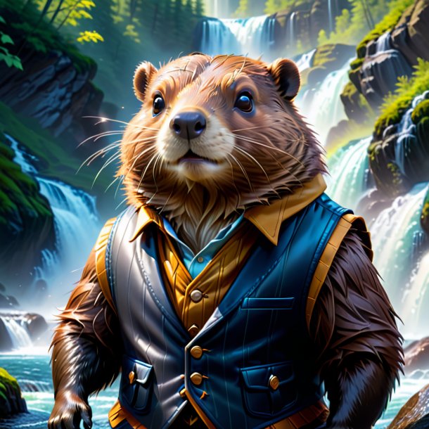 Illustration of a beaver in a vest in the waterfall