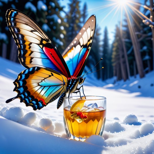 Pic d'une boisson d'un papillon dans la neige