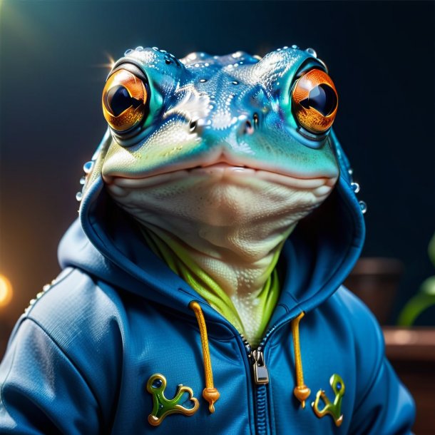 Photo of a frog in a blue hoodie