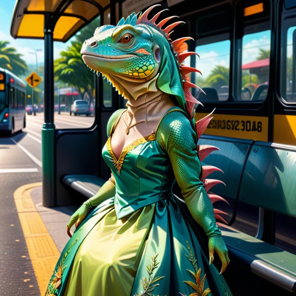 Desenho de uma iguana em um vestido no ponto de ônibus