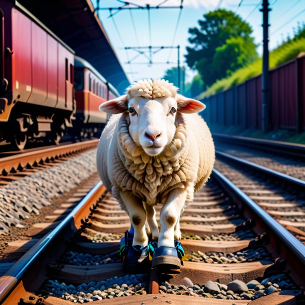 Photo of a sheep in a shoes on the railway tracks