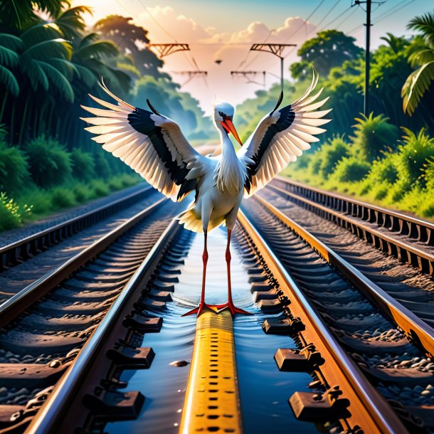 Image of a swimming of a stork on the railway tracks