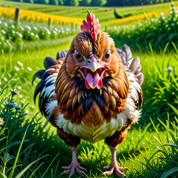 Foto de una gallina enojada en el prado