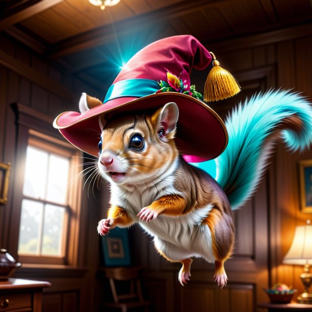 Drawing of a flying squirrel in a hat in the house