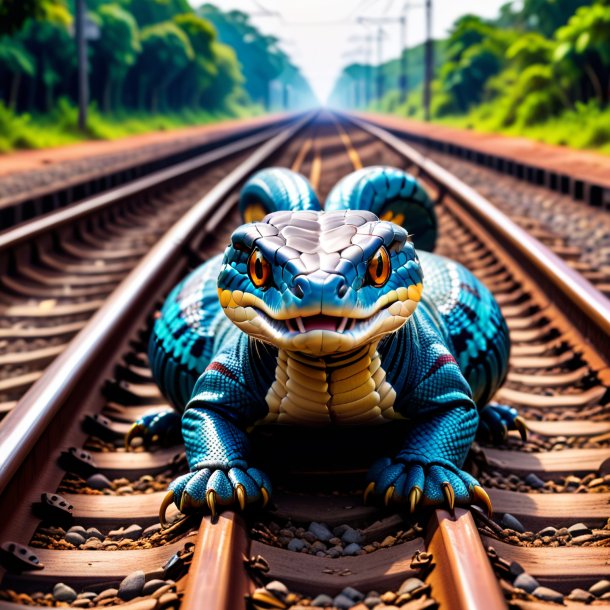 Foto de una cobra en los zapatos en las vías del tren