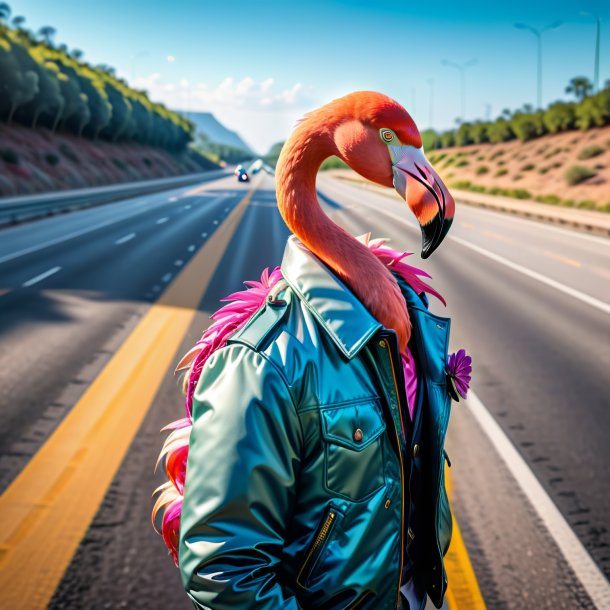 Pic of a flamingo in a jacket on the highway