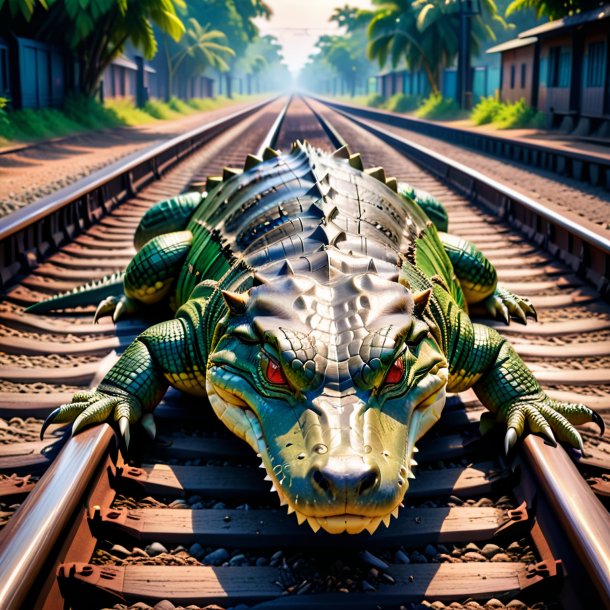 Foto de un sueño de un cocodrilo en las vías del tren