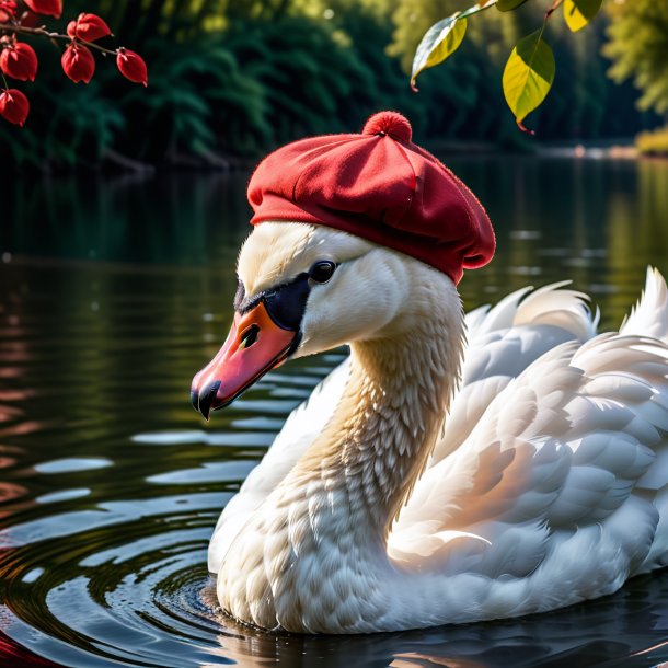 Photo of a swan in a red cap