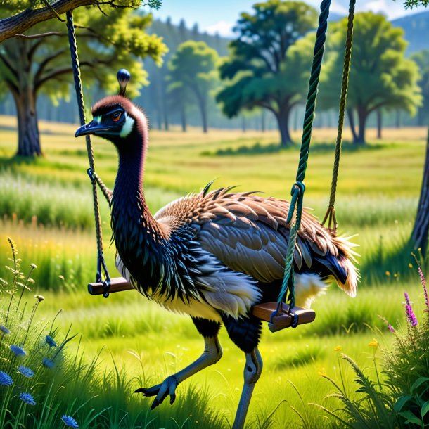 Pic of a swinging on a swing of a emu in the meadow