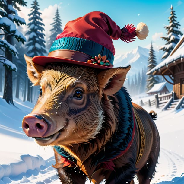 Illustration of a boar in a hat in the snow