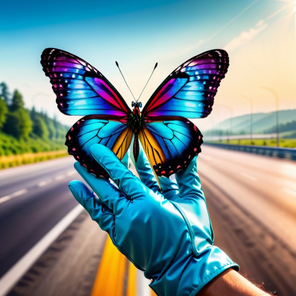 Image of a butterfly in a gloves on the highway