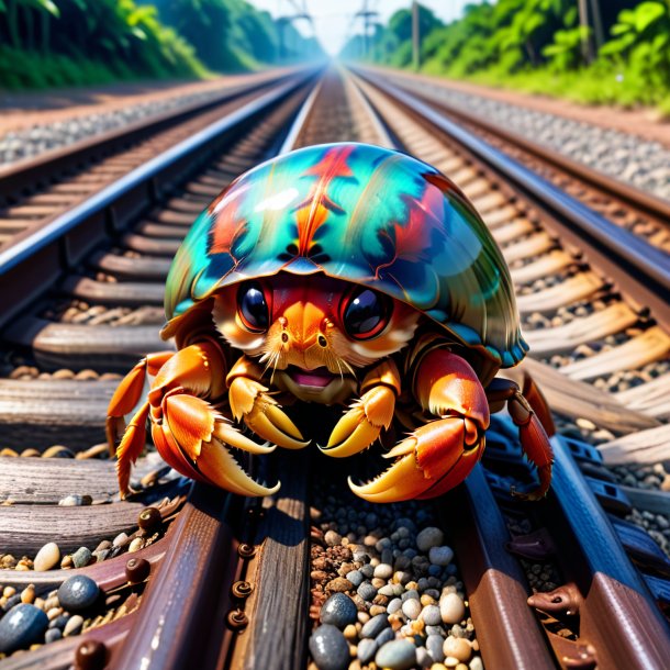 Pic of a crying of a hermit crab on the railway tracks