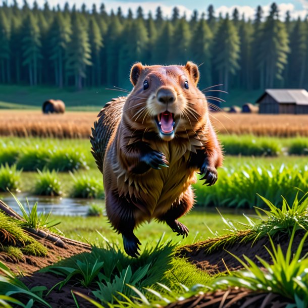 Фотография прыжка бобра на поле