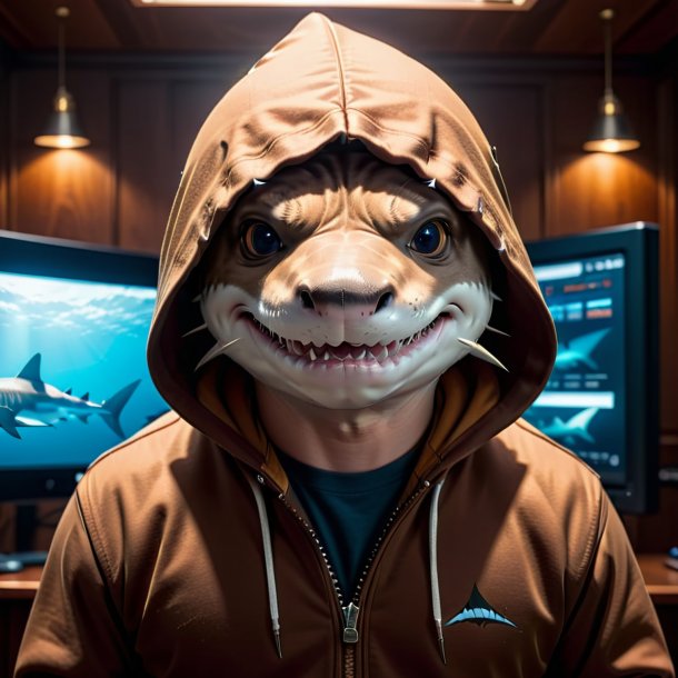 Image of a shark in a brown hoodie