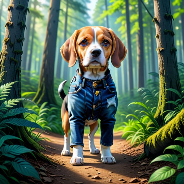 Picture of a beagle in a jeans in the forest