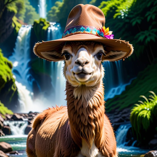 Pic of a llama in a hat in the waterfall