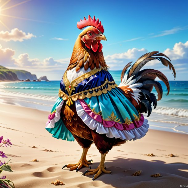 Dibujo de una gallina en un vestido en la playa