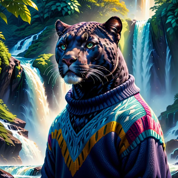 Illustration of a panther in a sweater in the waterfall