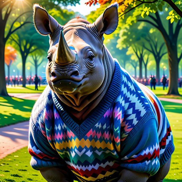 Picture of a rhinoceros in a sweater in the park