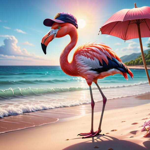 Illustration of a flamingo in a cap on the beach