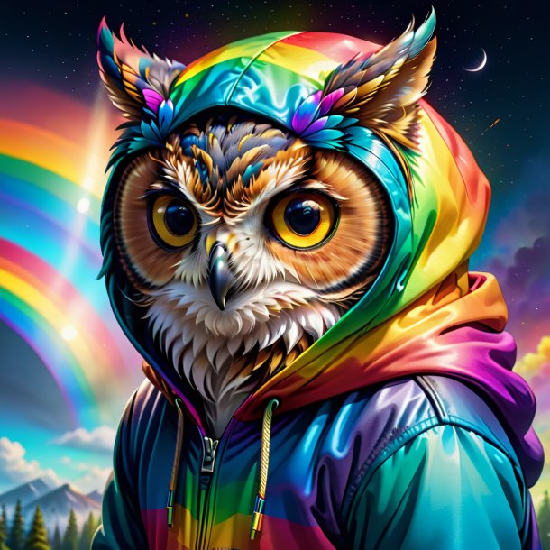 Drawing of a owl in a hoodie on the rainbow