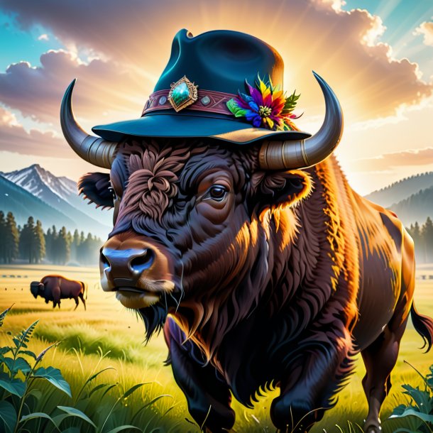 Illustration d'un bison dans un chapeau sur le terrain